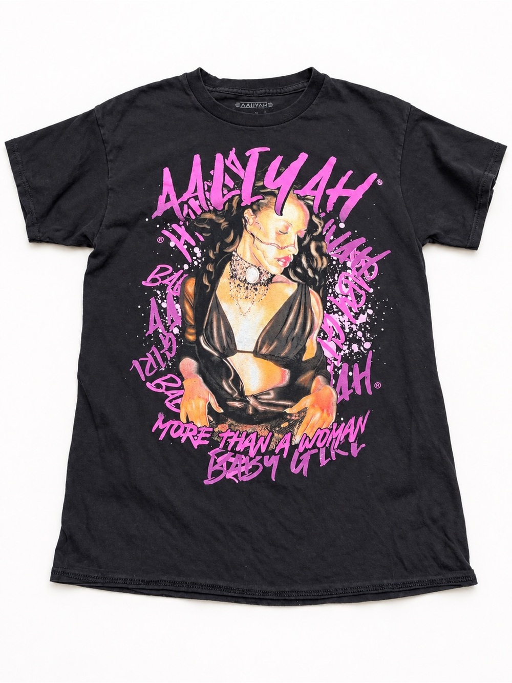 Original Aaliyah Graphic Tee - Black with Pink Print SZ SM